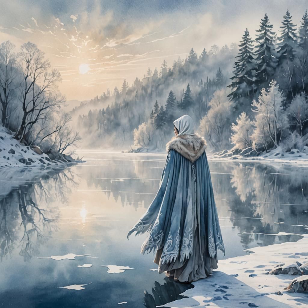 Giant Woman Oversees Frozen Lake in Watercolor Style