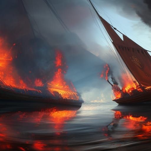 Burning Ship Amidst Firestorm: Matte Painting