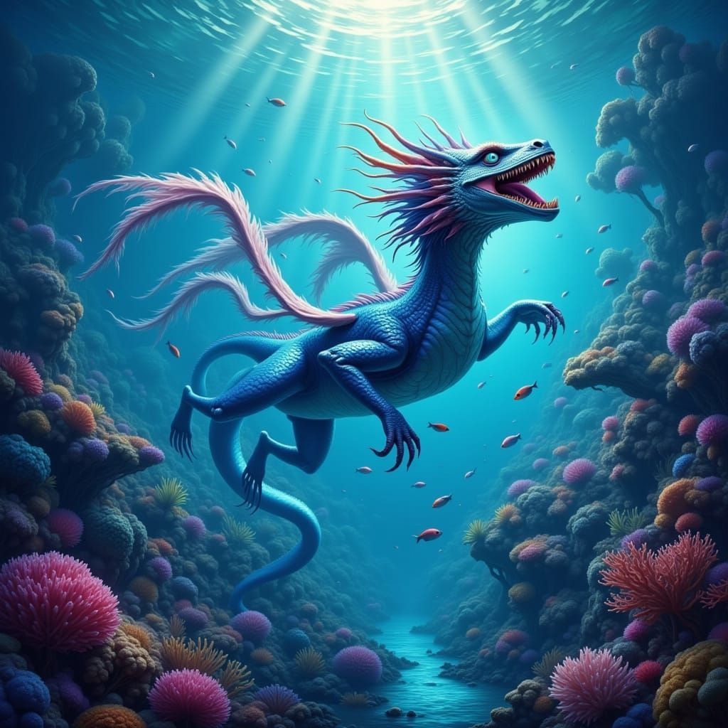 Majestic Aquatic Dragon in Vibrant Coral Reef Fantasy Art