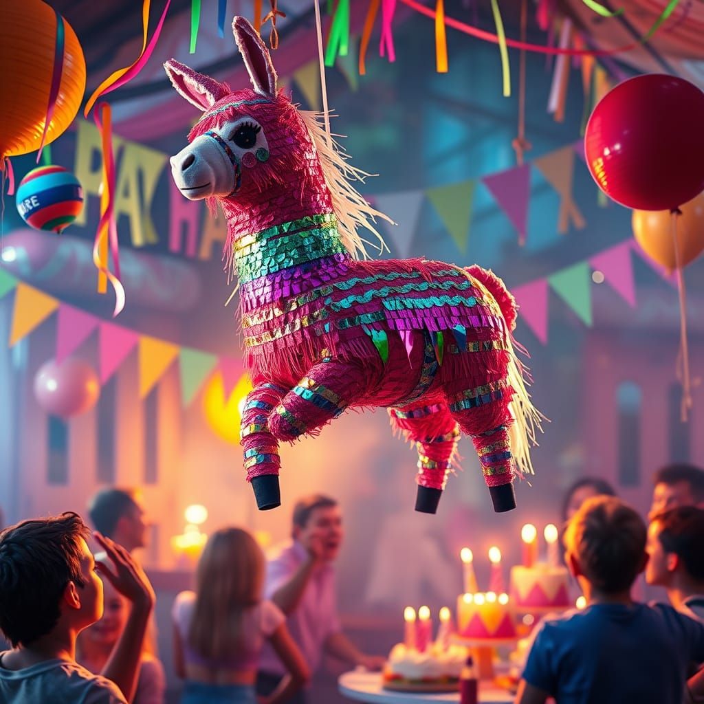Surreal Pinata Llama Soars Above a Birthday Party in a Blend...
