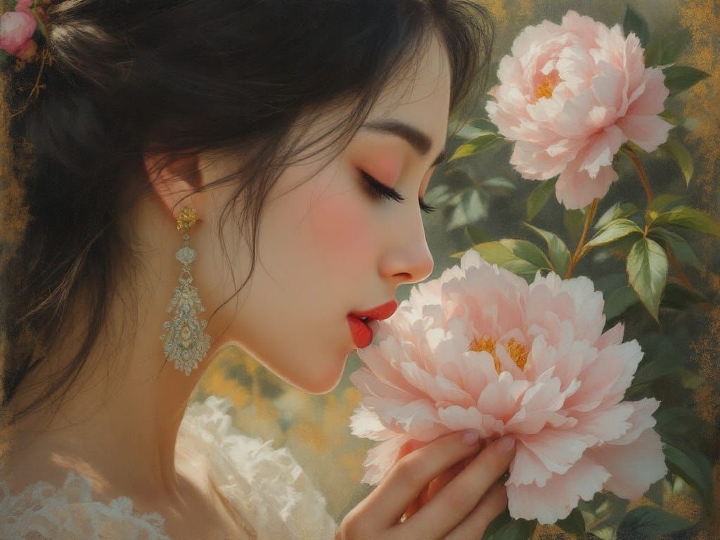 Woman in Raptures of a Vibrant Peony