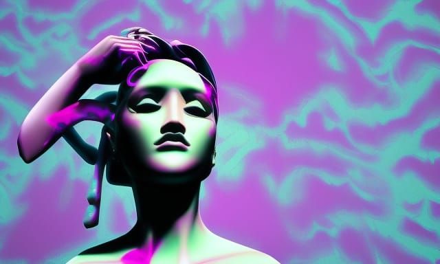 Surreal Vaporwave Glitch with Marble Statue and 90s Pixel Ar...