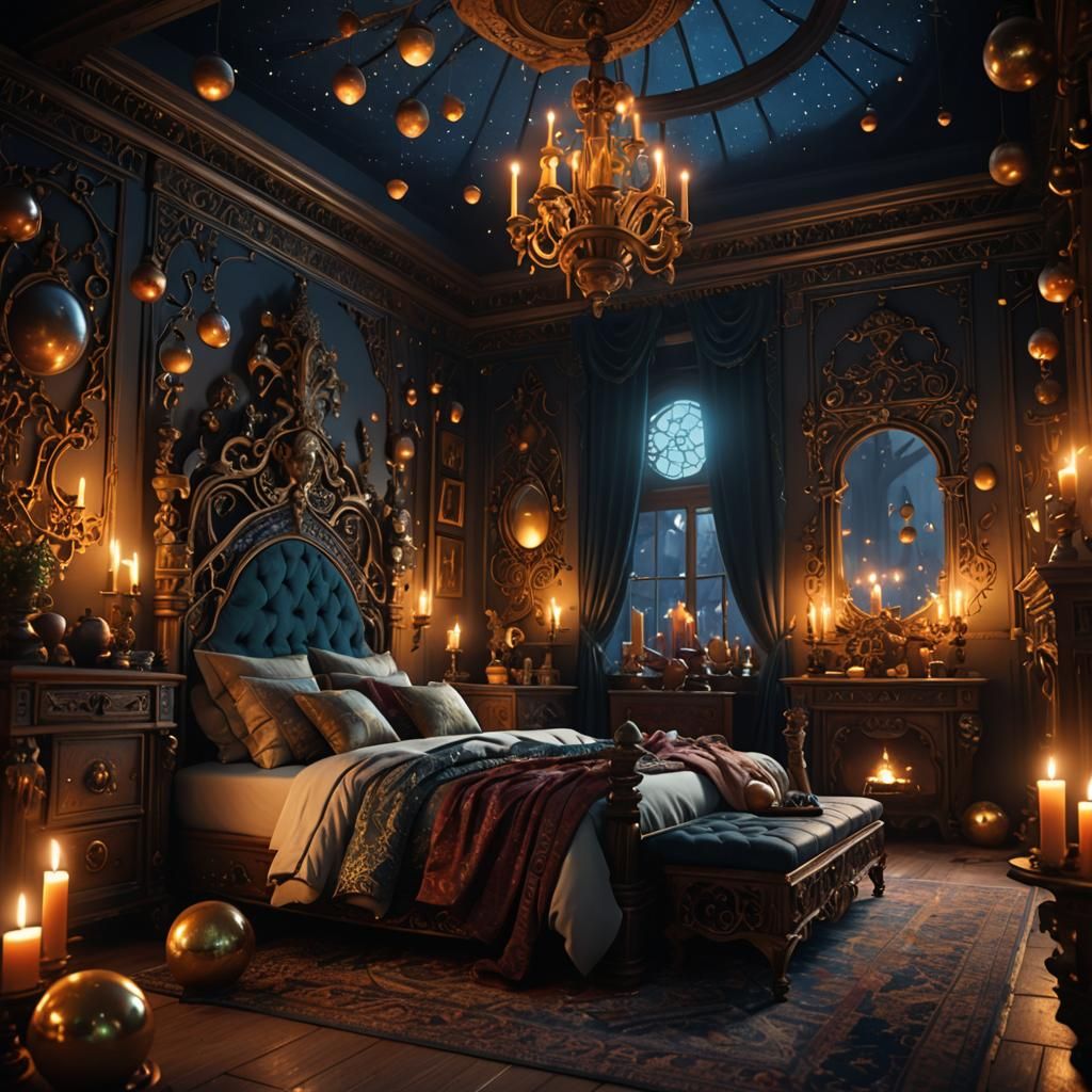 Cluttered Fantasy Bedroom at Night, Detailed Matte Painting