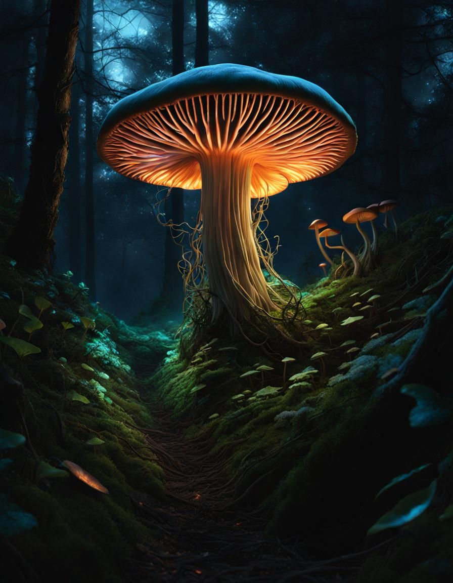 Bioluminescent Mushroom Man Portrait in Dark Fantasy