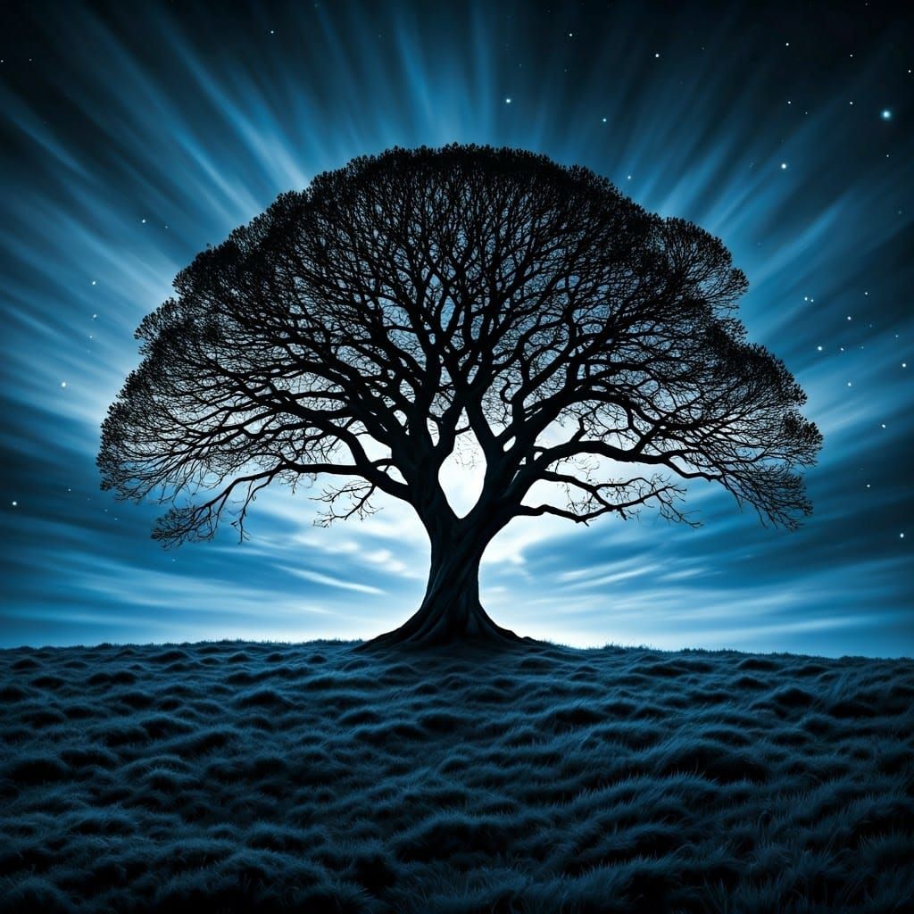 Majestic Tree Silhouette Under a Vibrant Moonlit Sky