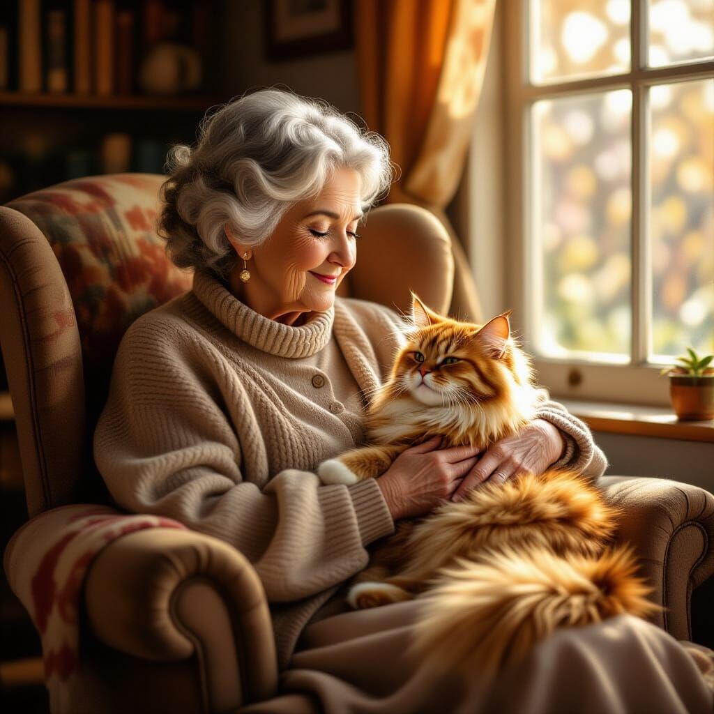Elderly Woman Petting Fluffy Cat in Cozy Armchair