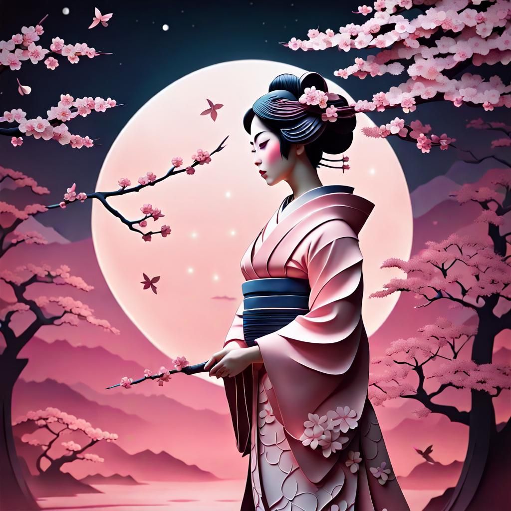 Kirigami Sakura Tree and Geisha Under Moon