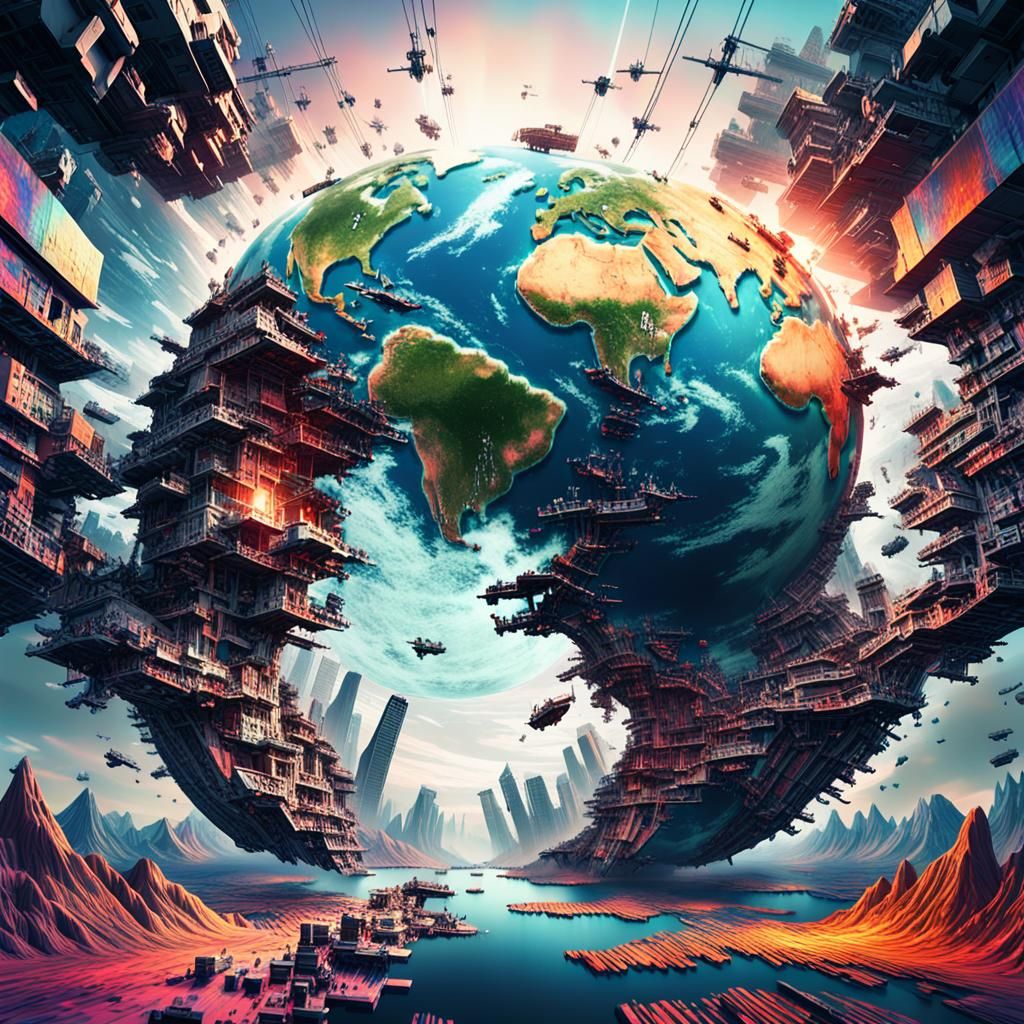 An intense digital artwork portraying Earth teetering on the...