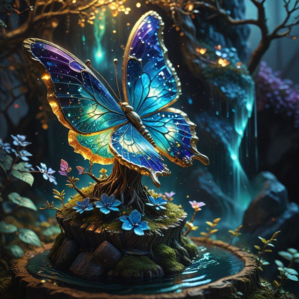Surreal Geode Butterfly with Aurora Borealis and Bonsai