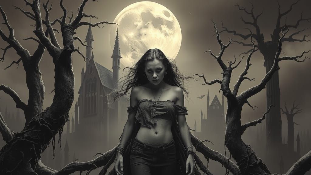 Surreal Gothic Woman Emerging From Twisted Roots