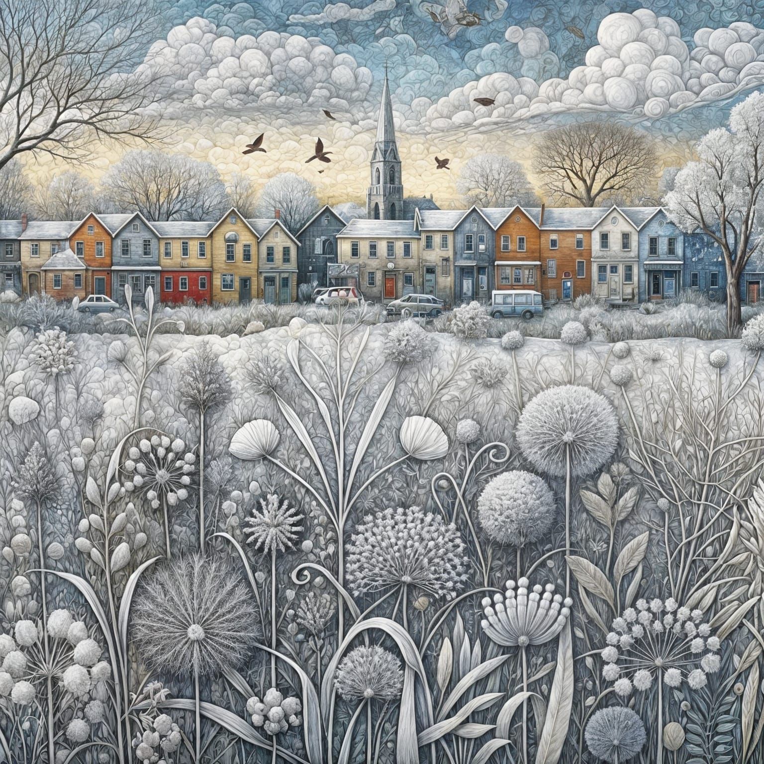 Winter Village Patchwork in Impressionist Style