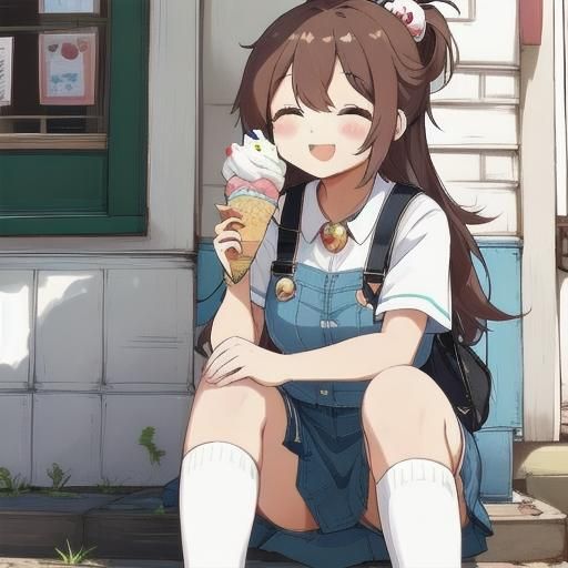 Kawaii Cartoon Girl Enjoys Ice Cream on Sunny Day