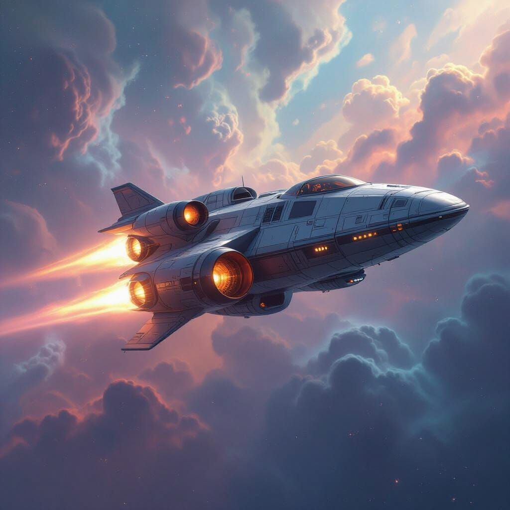 Spaceship Flying Through a Colorful Nebula