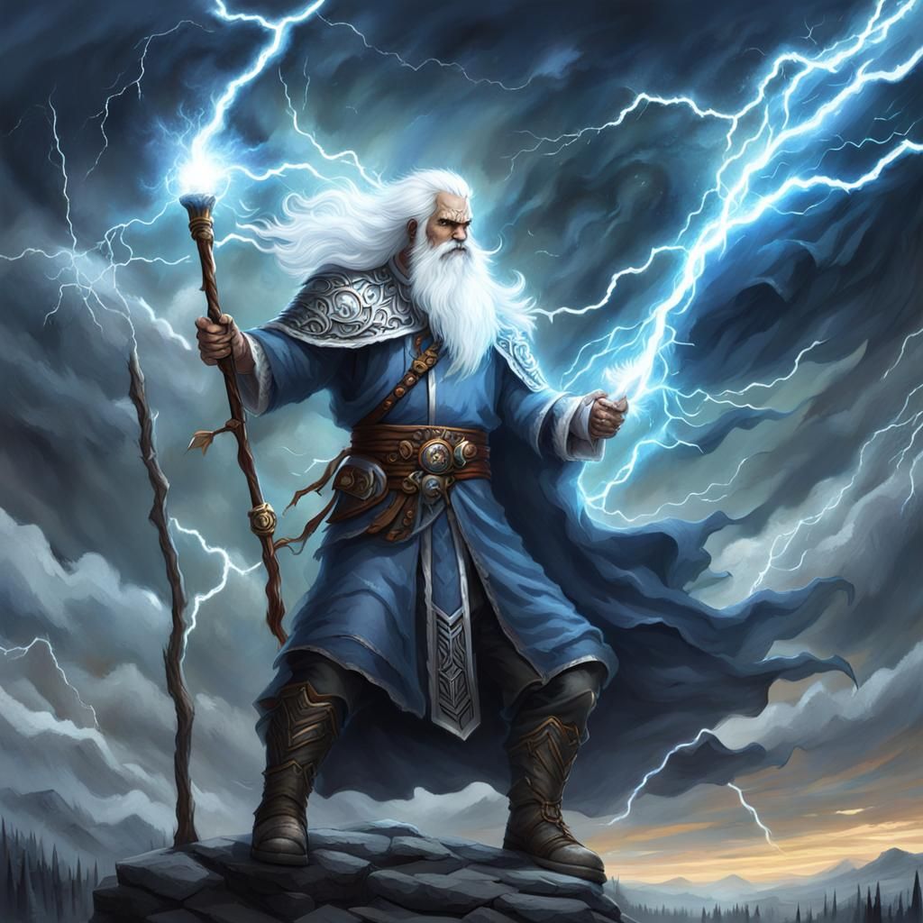 Wizard Channels Lightning Against Wolf Beast