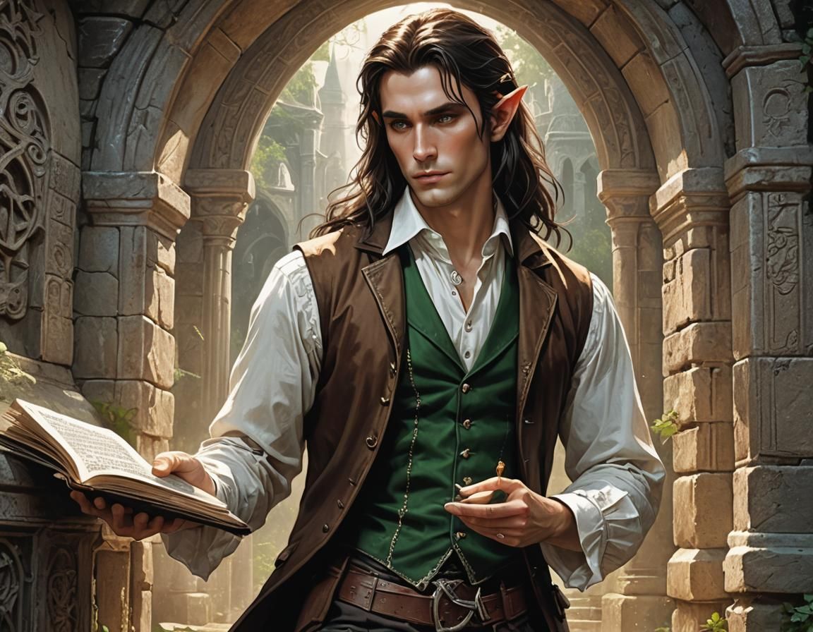 Elegant Elf Reads Grimoire in Ancient Tomb