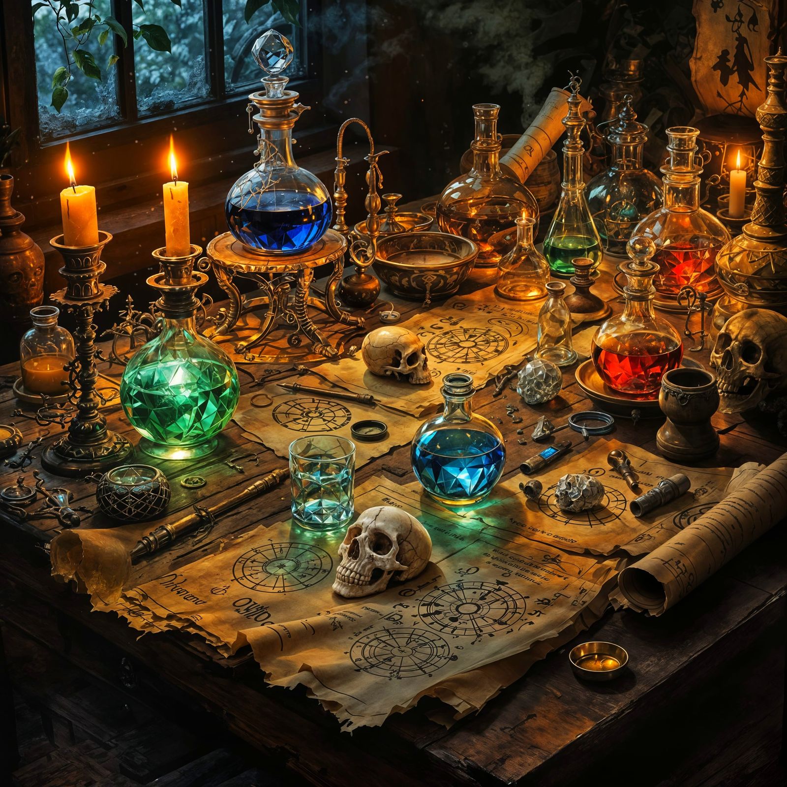 Ancient Alchemist's Workbench in Hyper-Realistic Detail