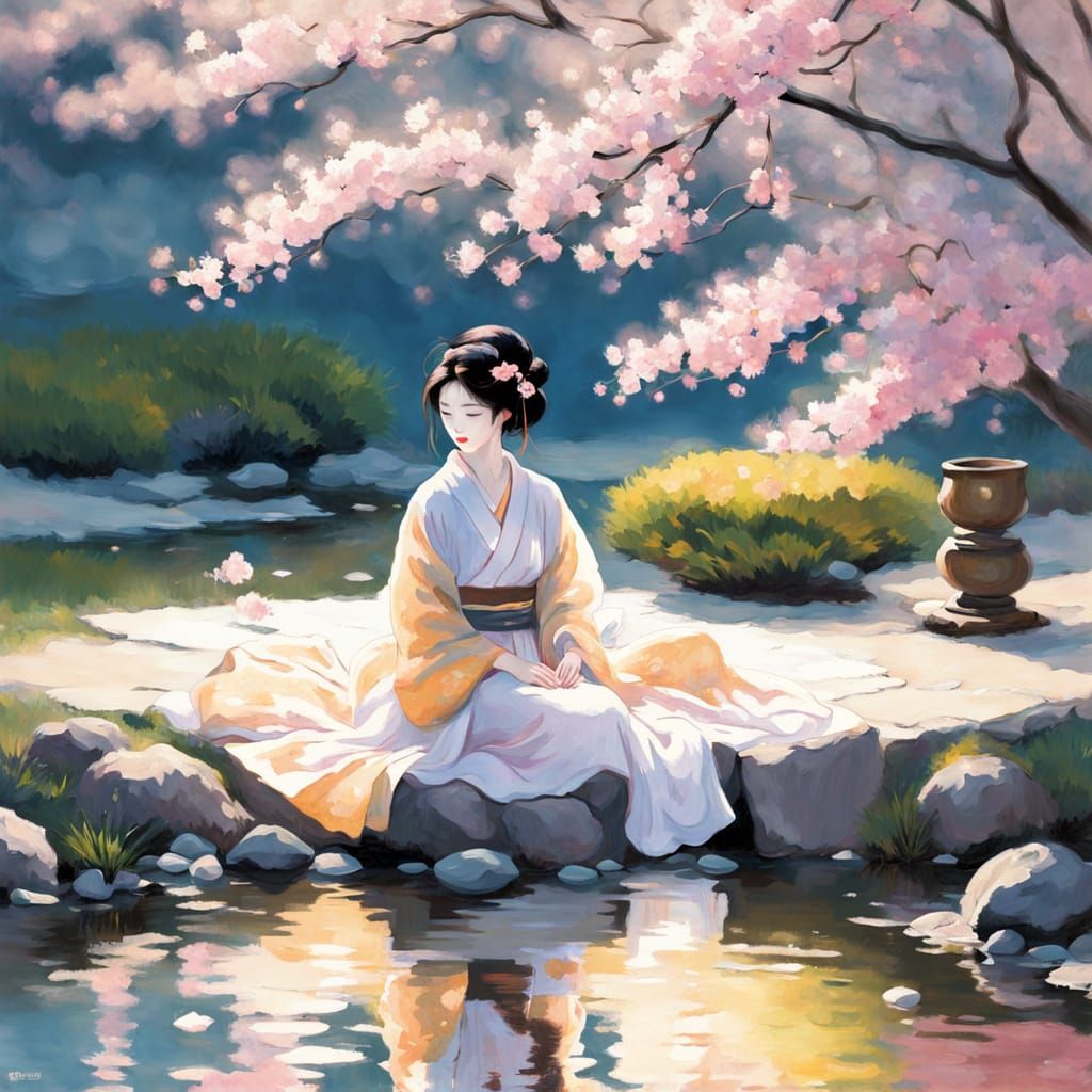 Geisha in Zen Garden: Impressionist Style Painting