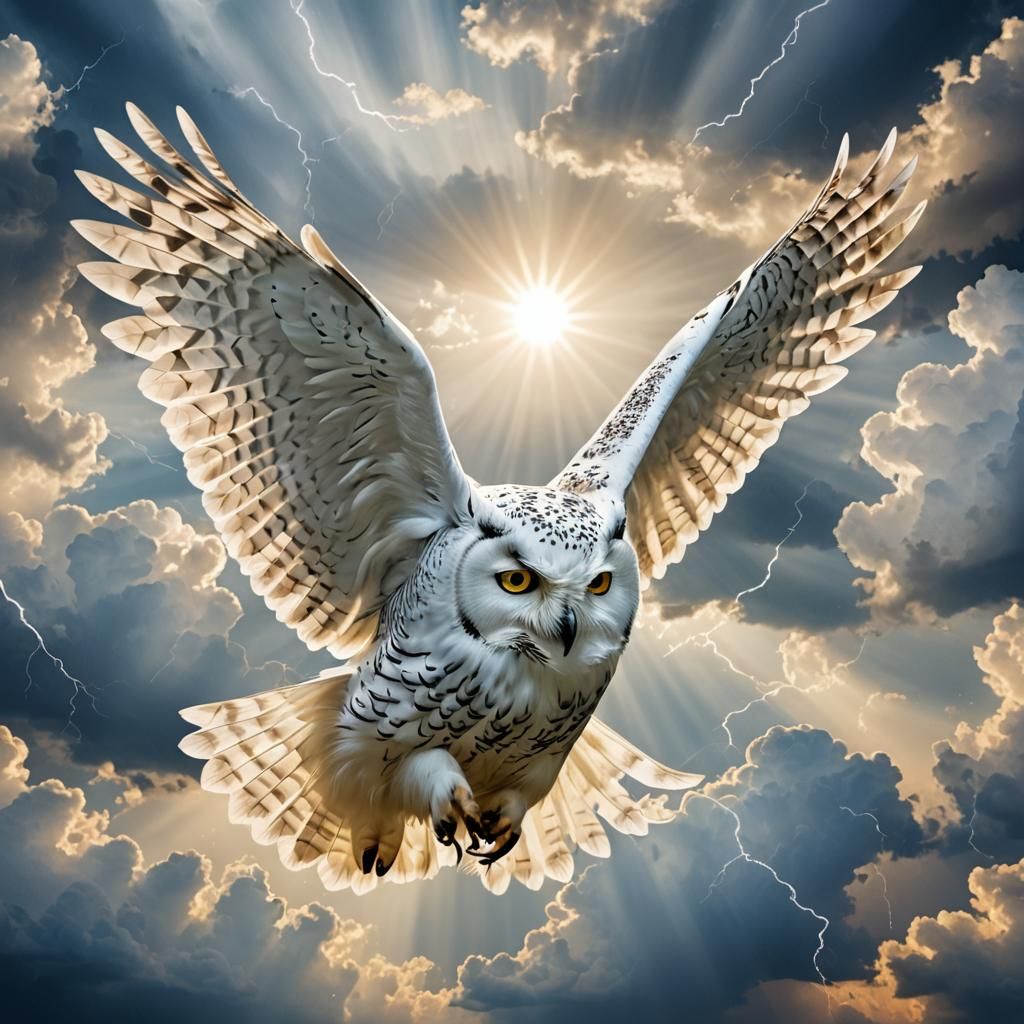White Owl in Flight Amidst Divine Light