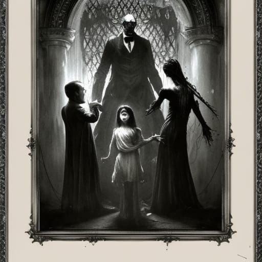 Sinister Addams Family in Black and White Photograph