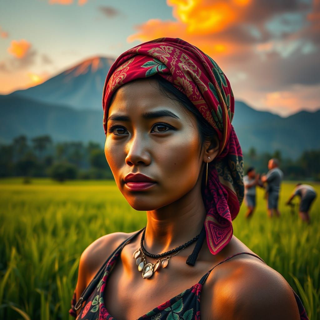 Balinese Woman in Dusk, with Vibrant Batik Headscarf and Maj...