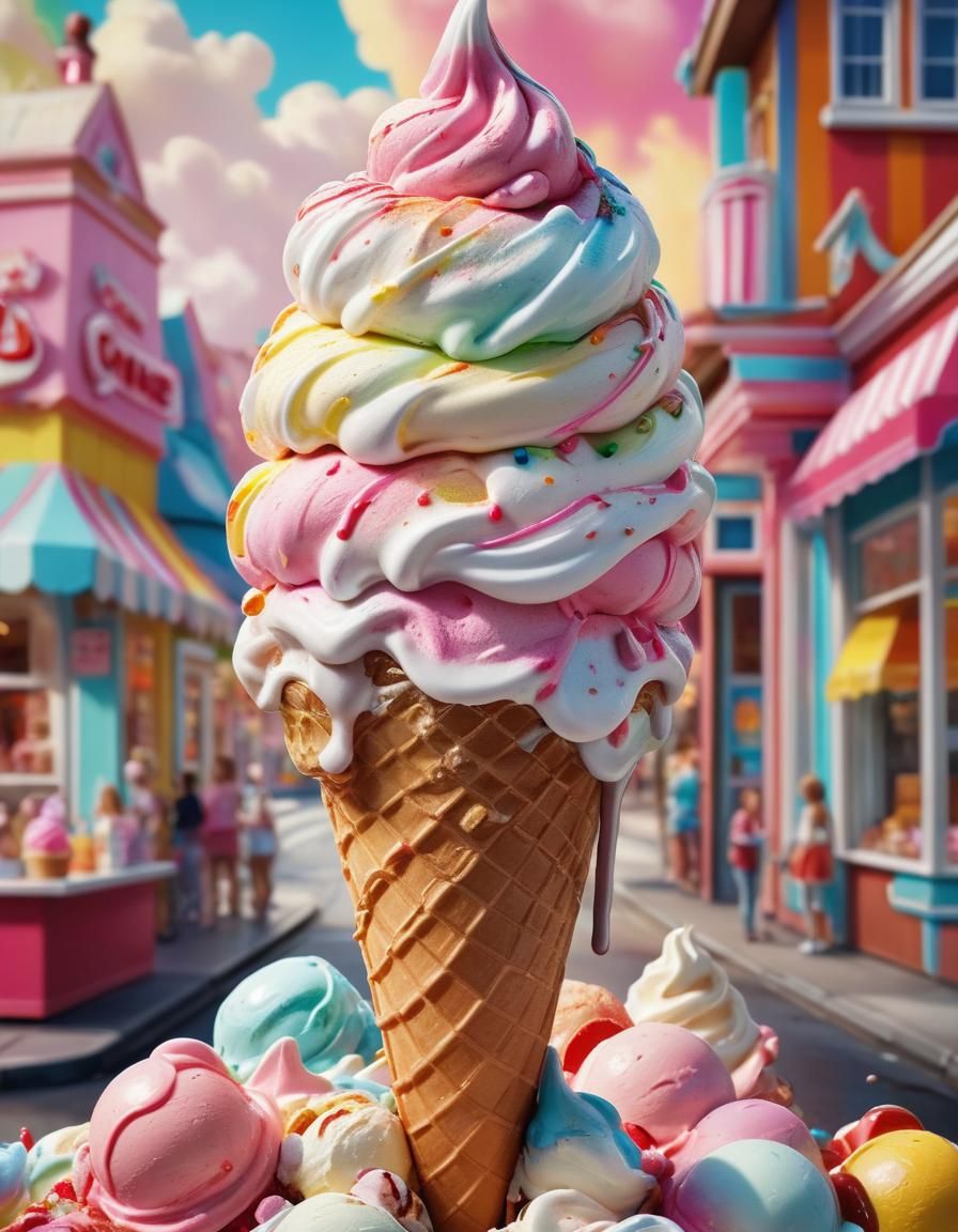 Giant Ice Cream Cone in Candy Art Style