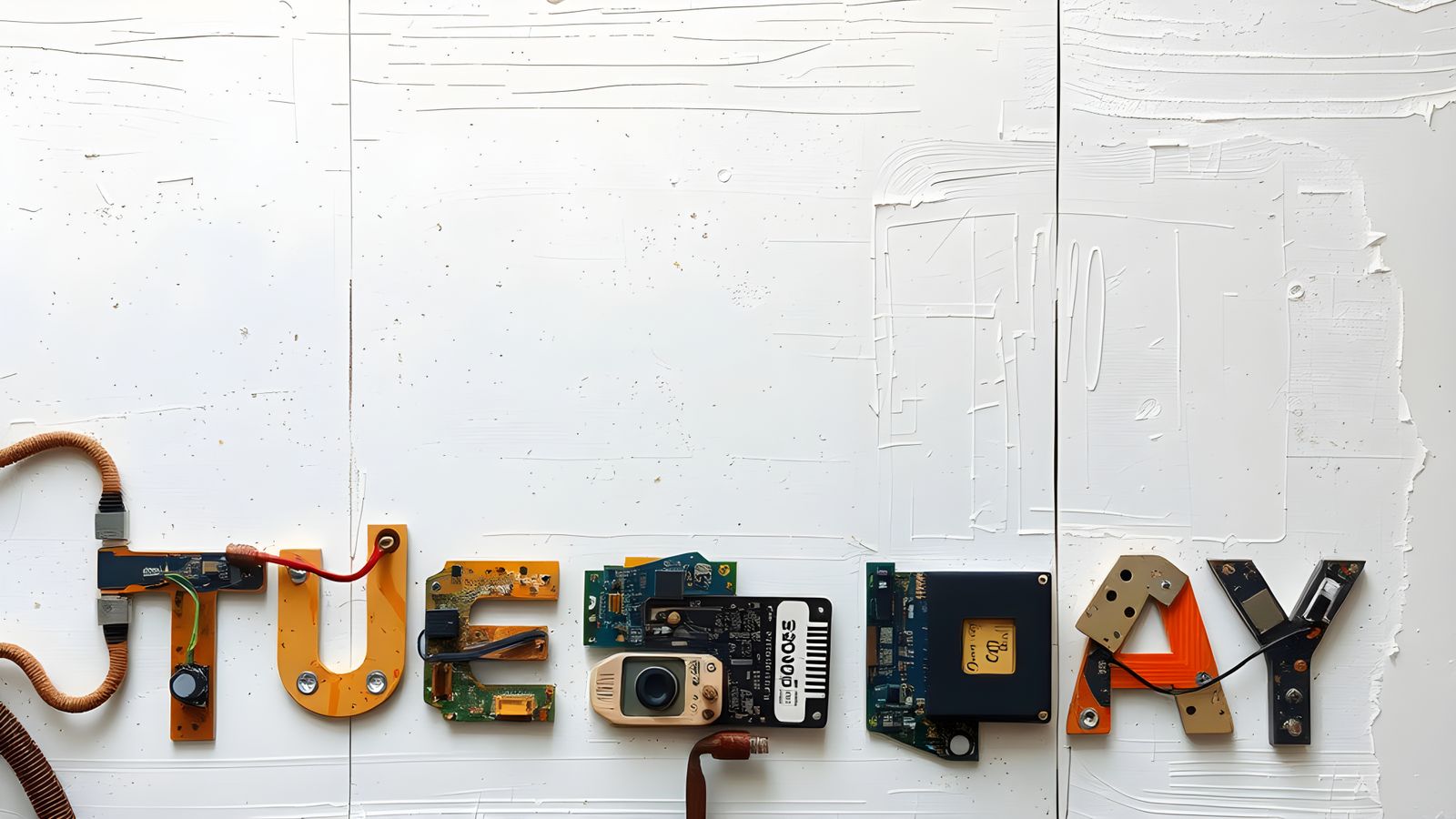 Electronic Parts Spell 'TUESDAY' on Canvas