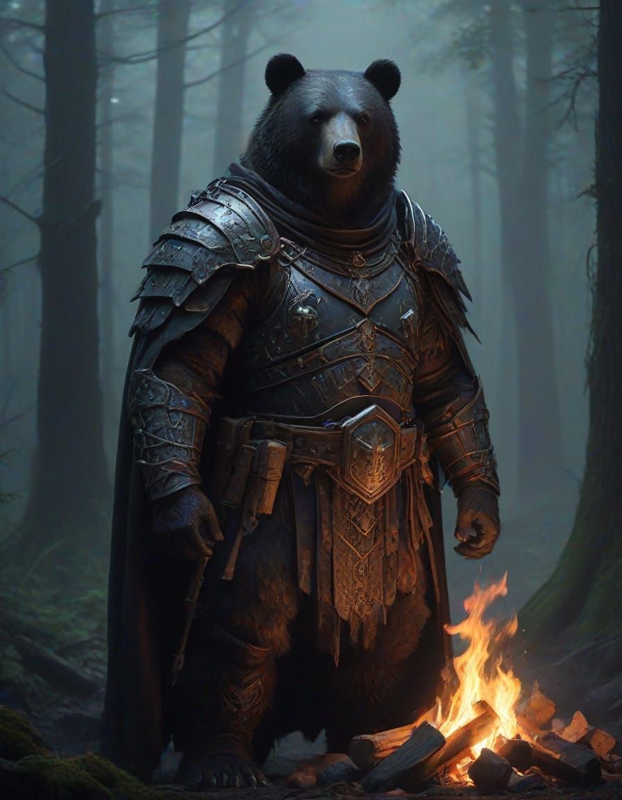 Dark Fantasy Bears Gather around Flickering Campfire under T...