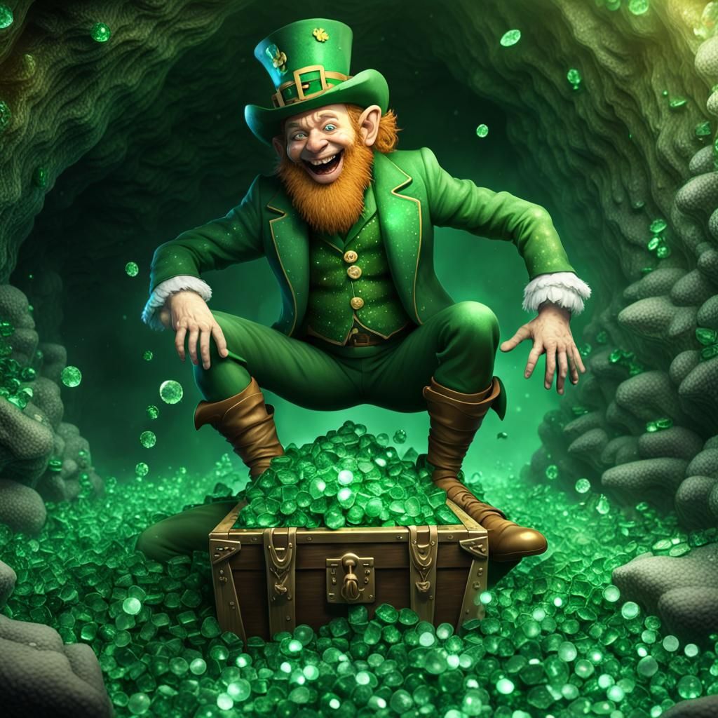 Grinning Leprechaun Dances on Emerald Treasure