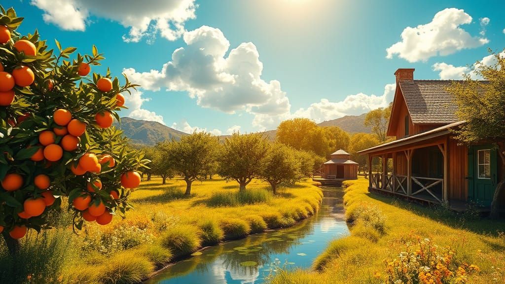 Serene Orange Orchard in Whimsical Fantasy Style