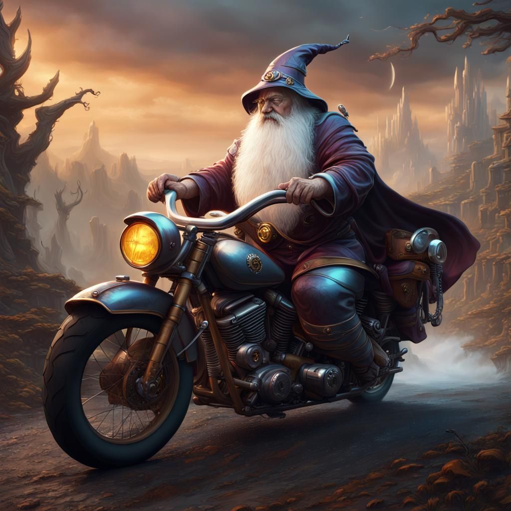 Drunk Wizard on Motorcycle: Fantasy Concept Art