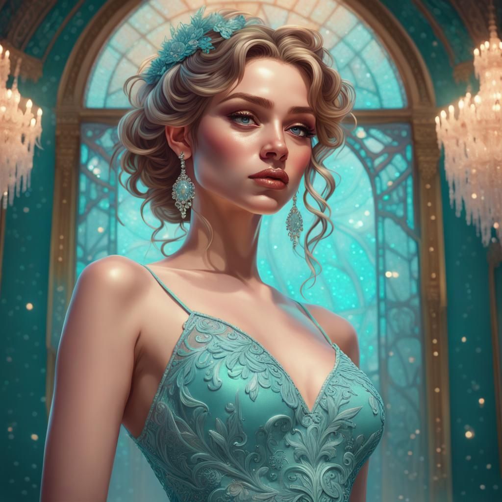 Teal Dress Portrait in Art Nouveau Style