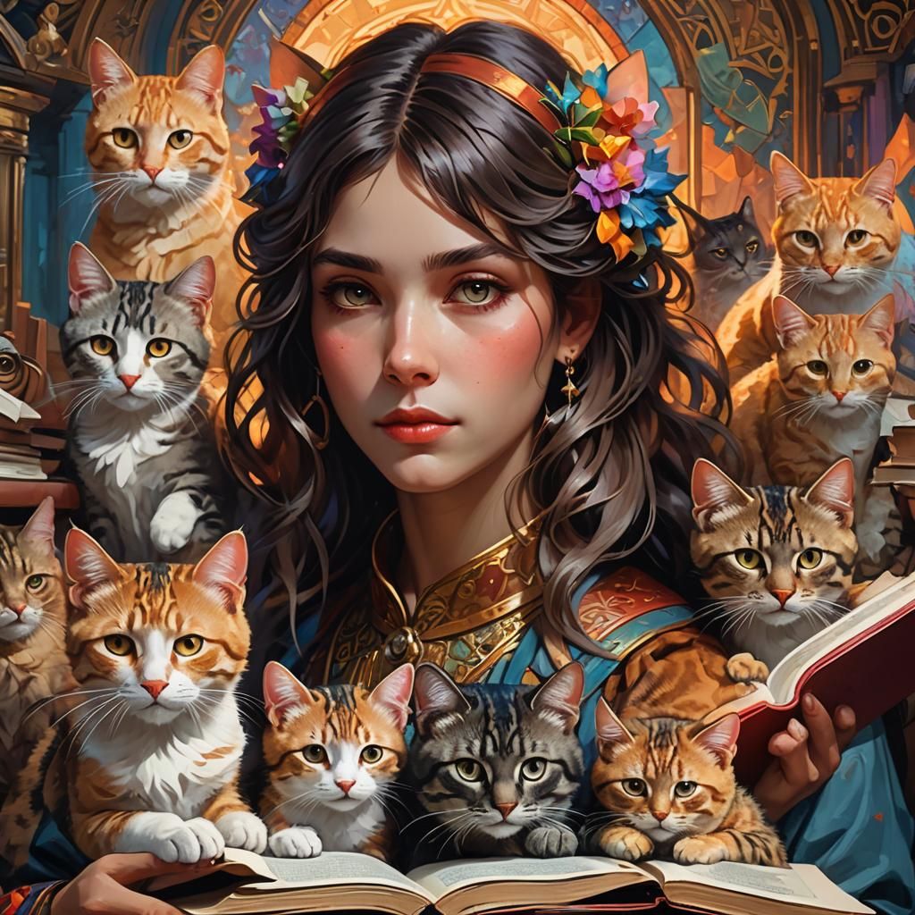 Person Surrounded by Cats in Art Nouveau Style