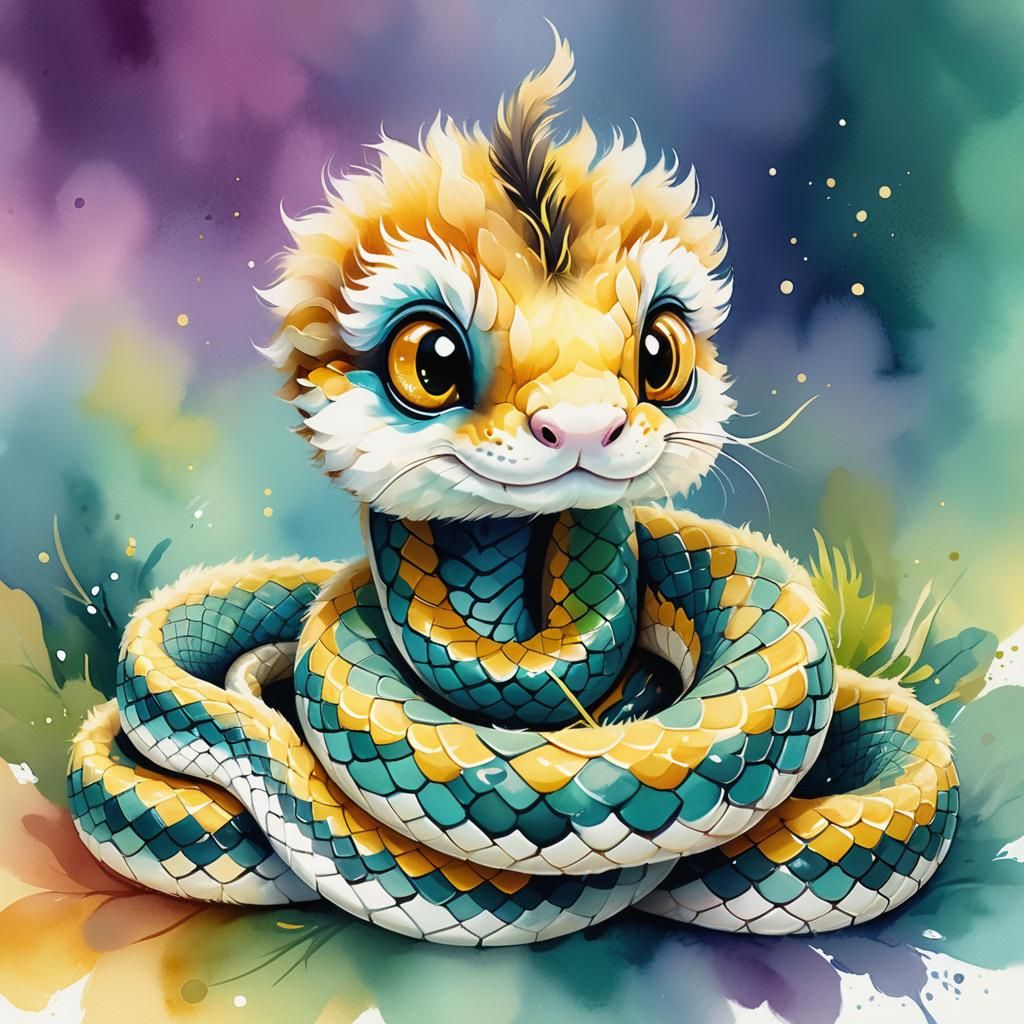 Adorable Furry Baby Snake in Watercolor Digital Painting