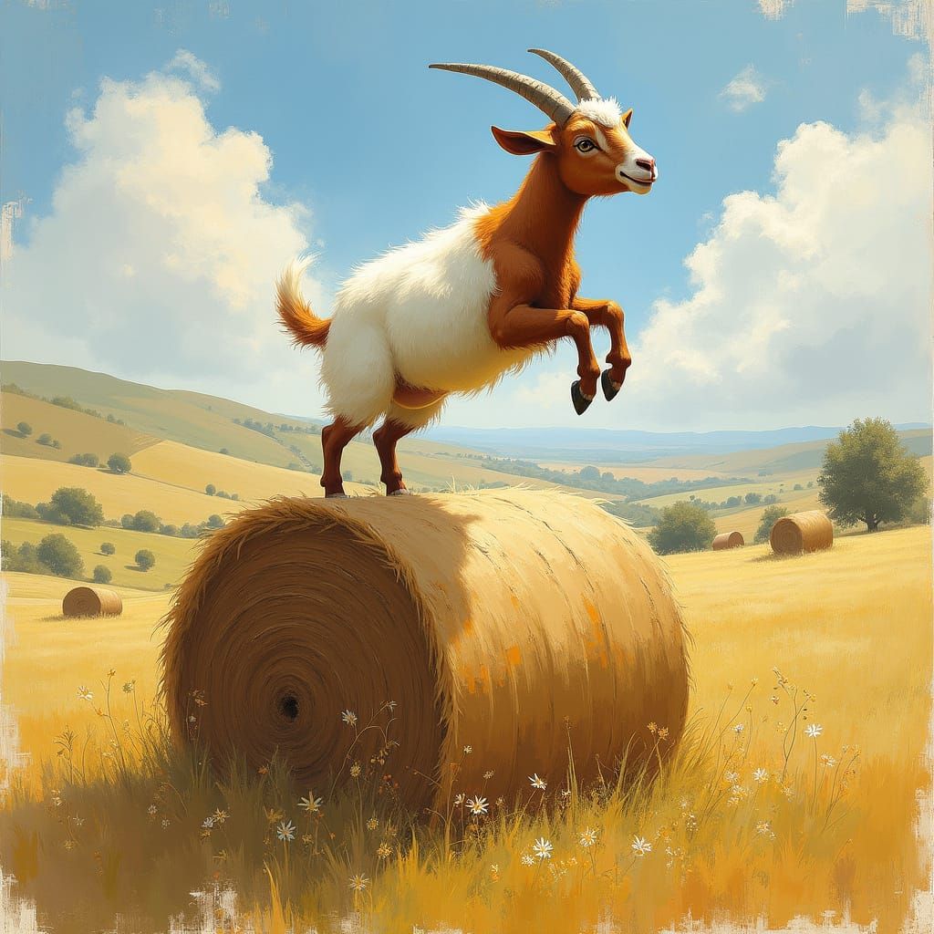 Goat Leaping from Hay Bale in Mid Air