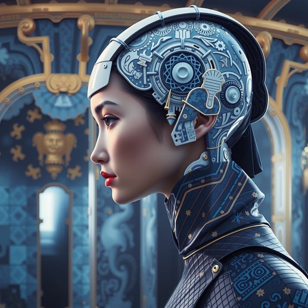 Woman's Face Made of Porcelain in Futuristic Galatic Travele...