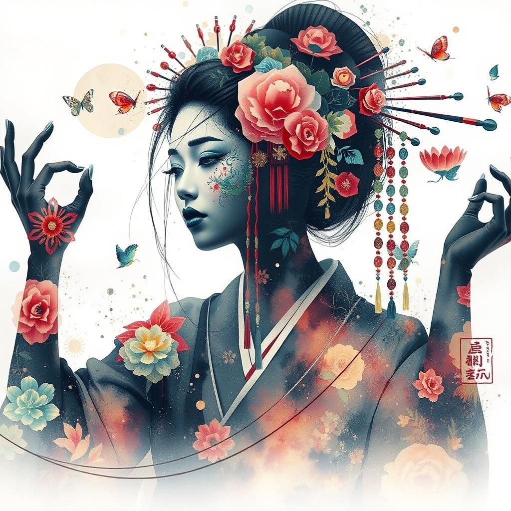 Watercolor Geisha Double Exposure in Gouache Style