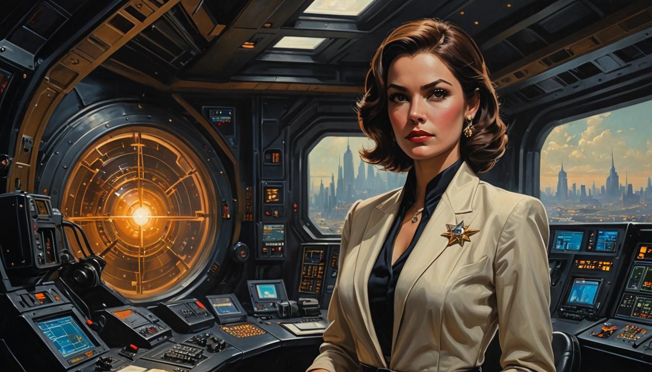 Star Realm Portrait: Retro-Future Businesswoman in Oil Paint...