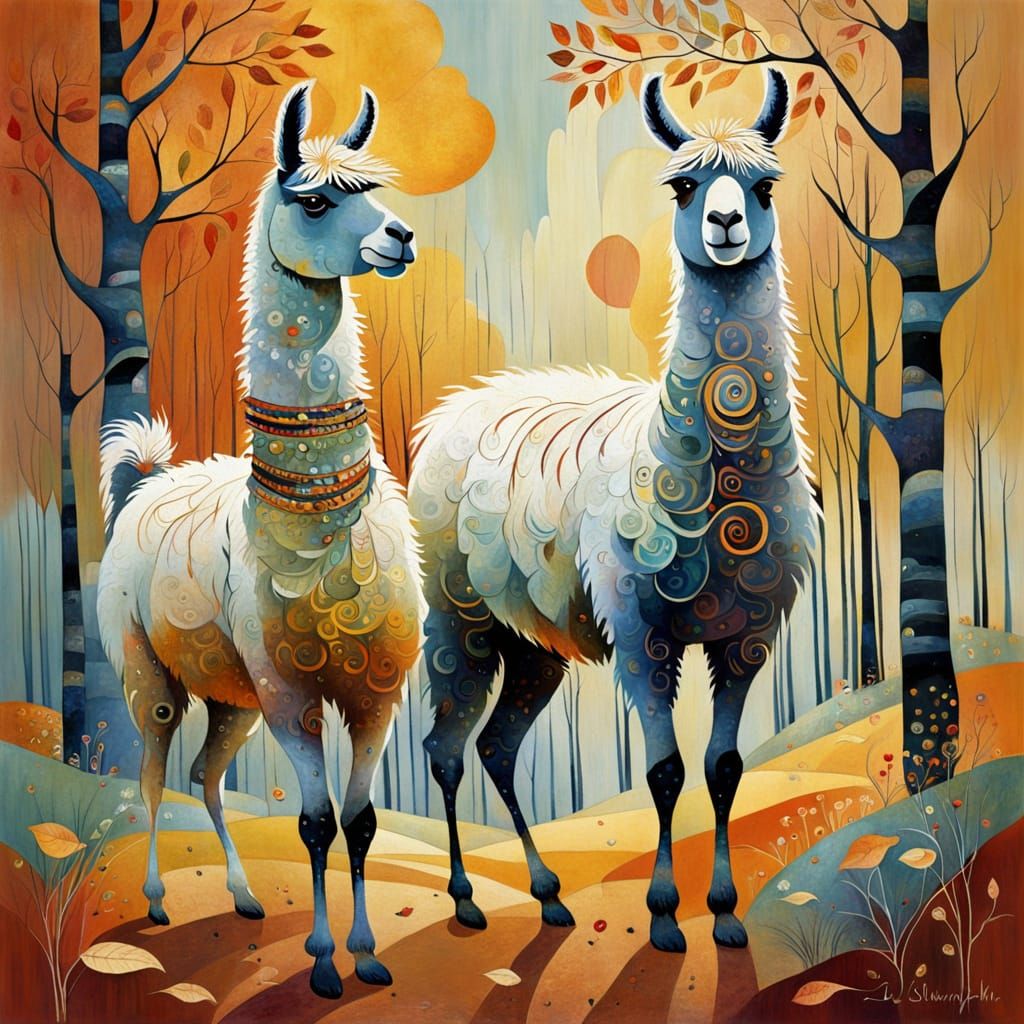 Abstract Llamas in Autumn Palette, Whimsical Art
