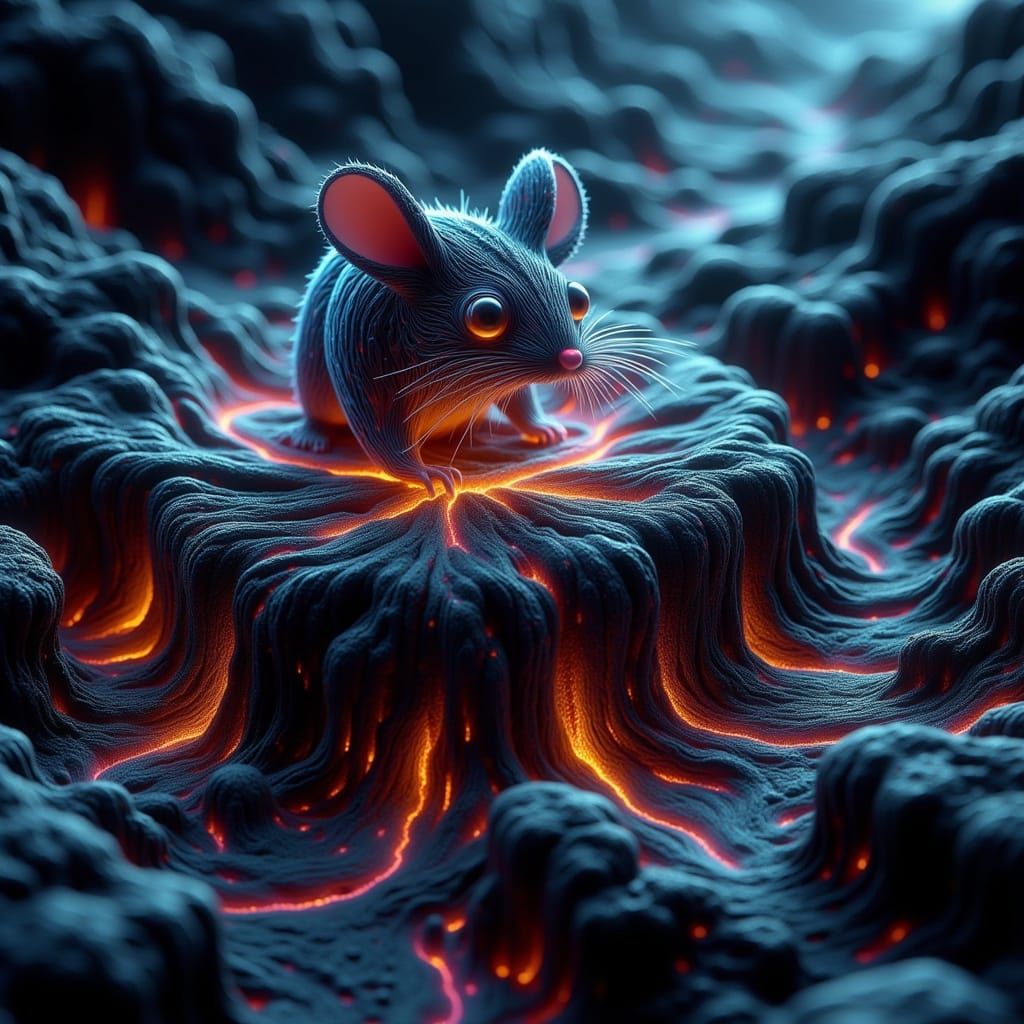 Surreal Chibi Mouse Blooms from Obsidian Island in Cyberpunk...