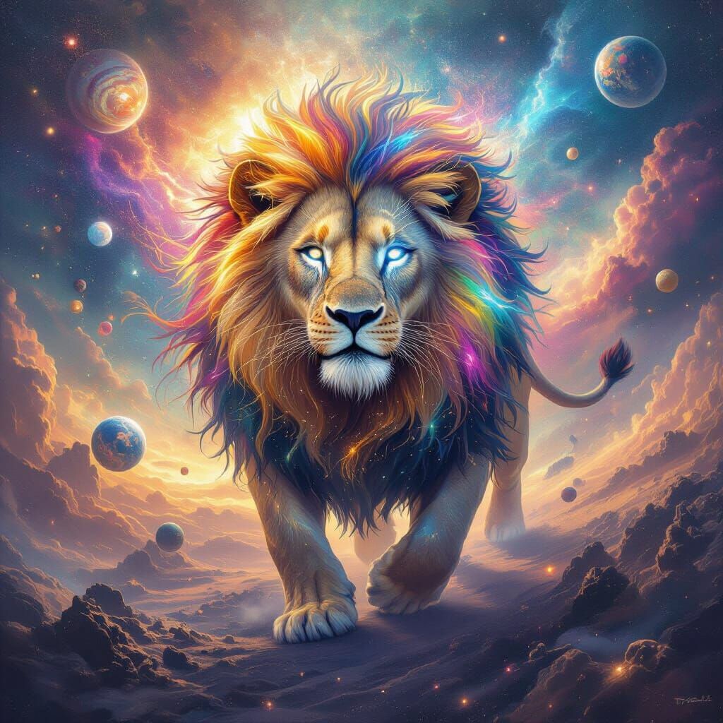 Cosmic Lion Roaming Galaxy with Nebula Mane