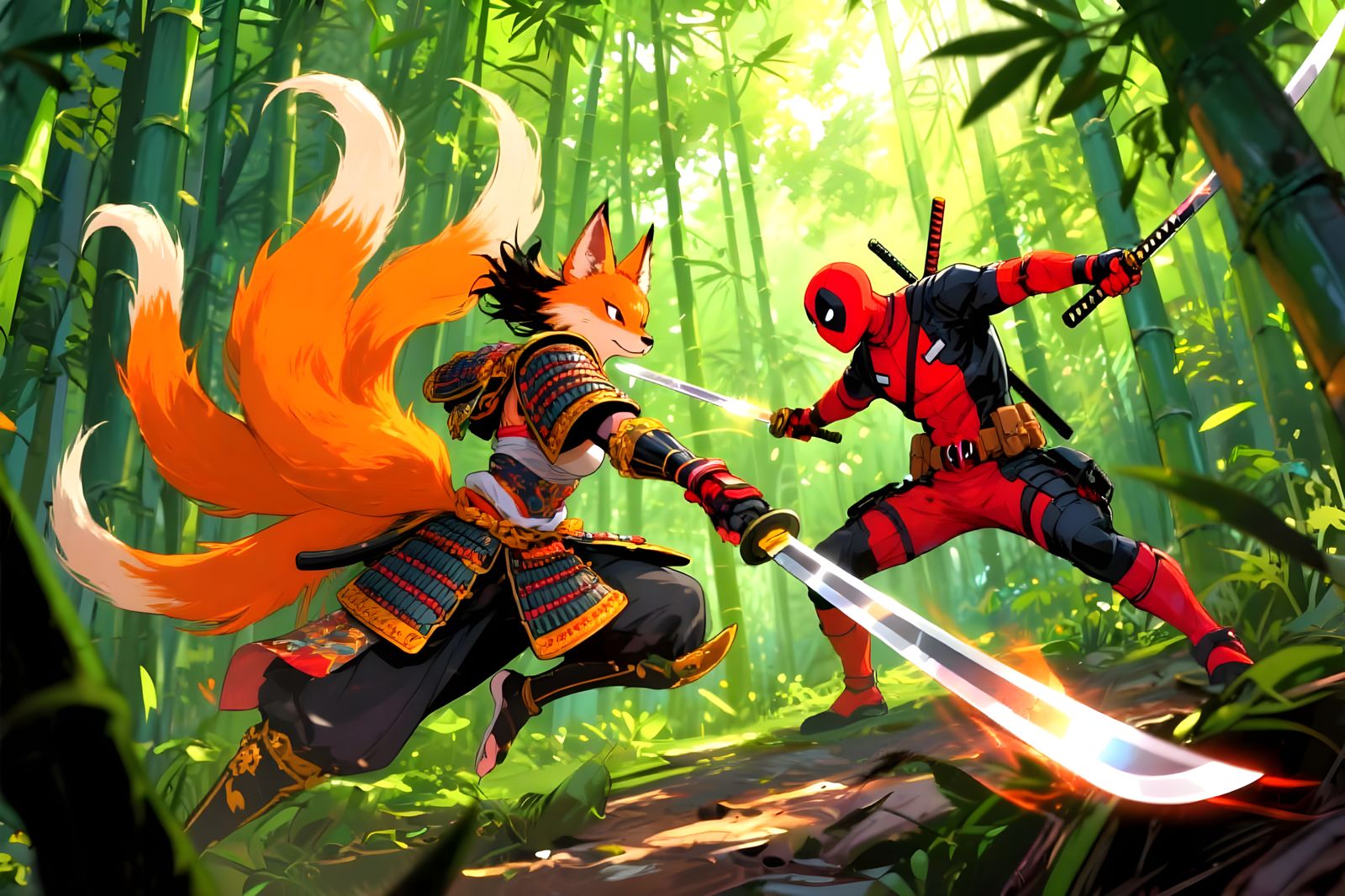 Kitsune vs Deadpool in Bamboo Forest
