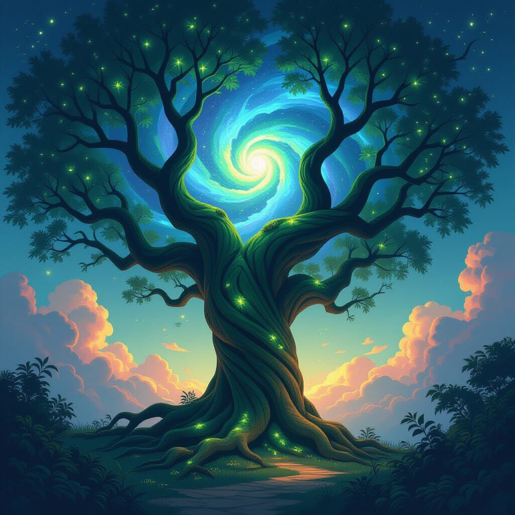 Ancient Labyrinth Tree Under Nebula Sky