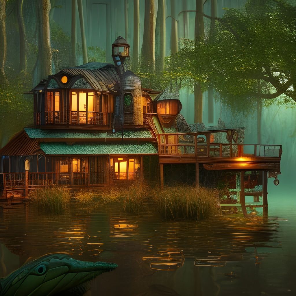 Steampunk Swamp Cabin Under Full Moon