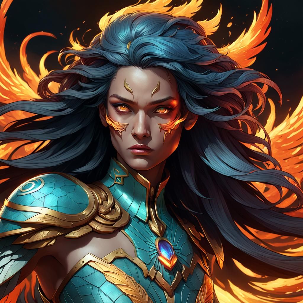 Flaming Phoenix Portrait in Hyperdetailed Style