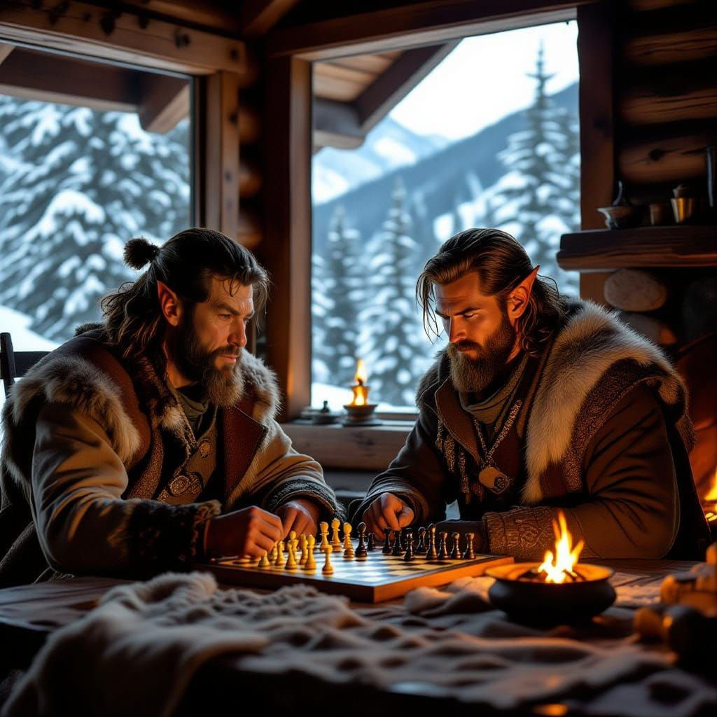 Intense Game of Chess in a Cozy Rustic Cabin on Snowy Bridal...