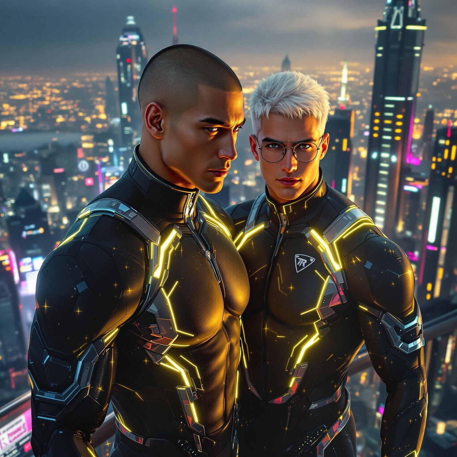 Cyberpunk Metropolis: Two Men in Futuristic Bodysuits