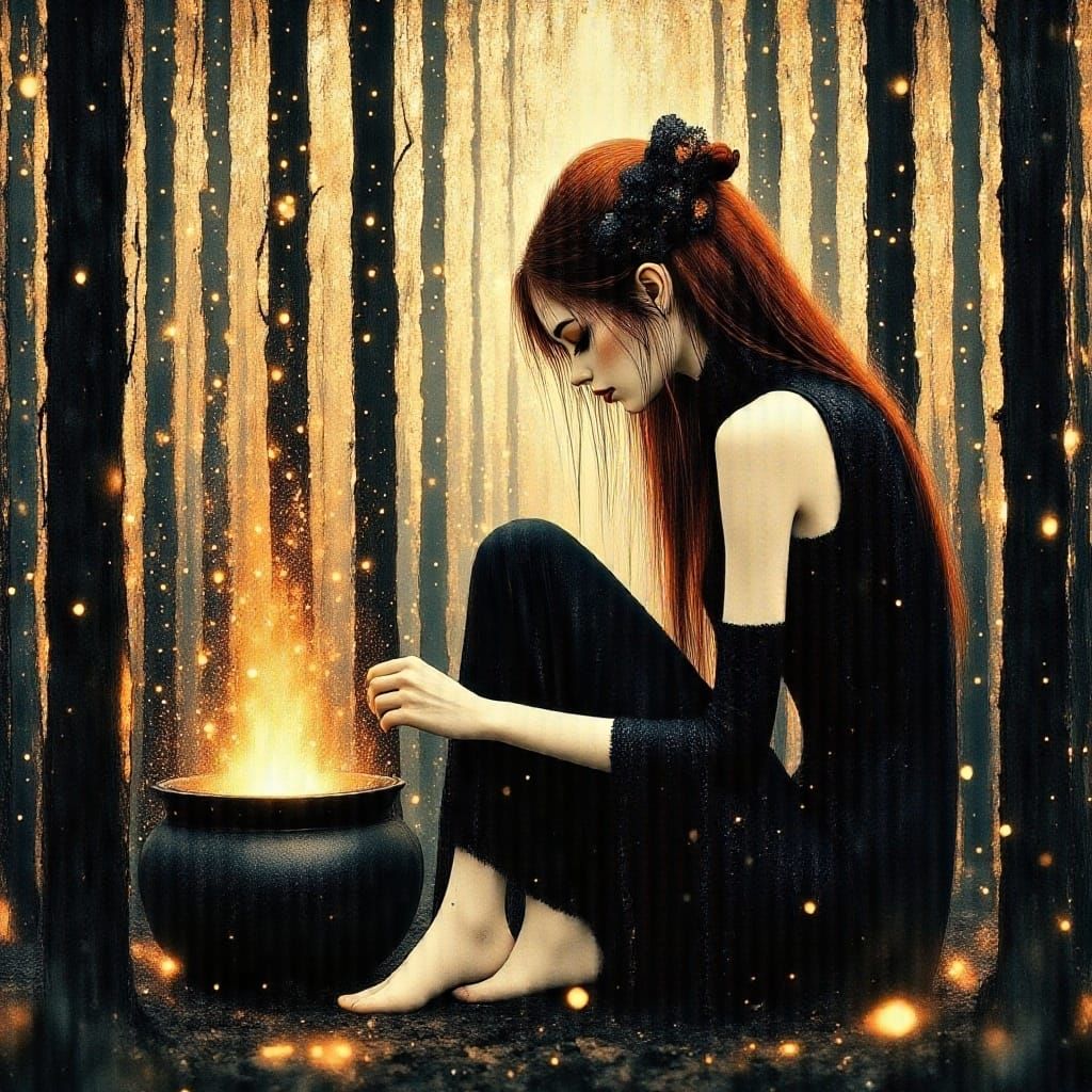 Surreal Witch Brewing Potion, Melting Oil on Canvas