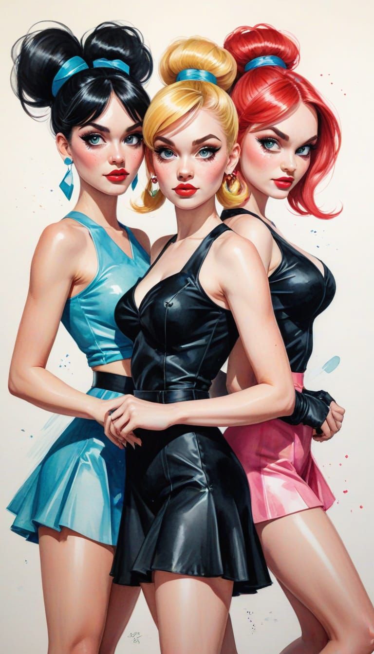 Expressionistic Watercolor Portrait of Three Pinup Girls