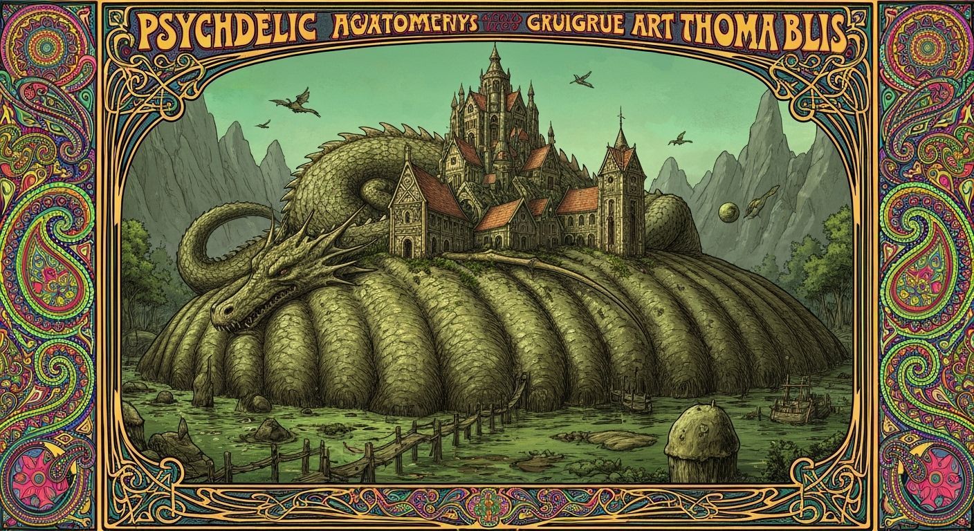 Psychedelic Celtic Dragon Settlement in Swamp Poster