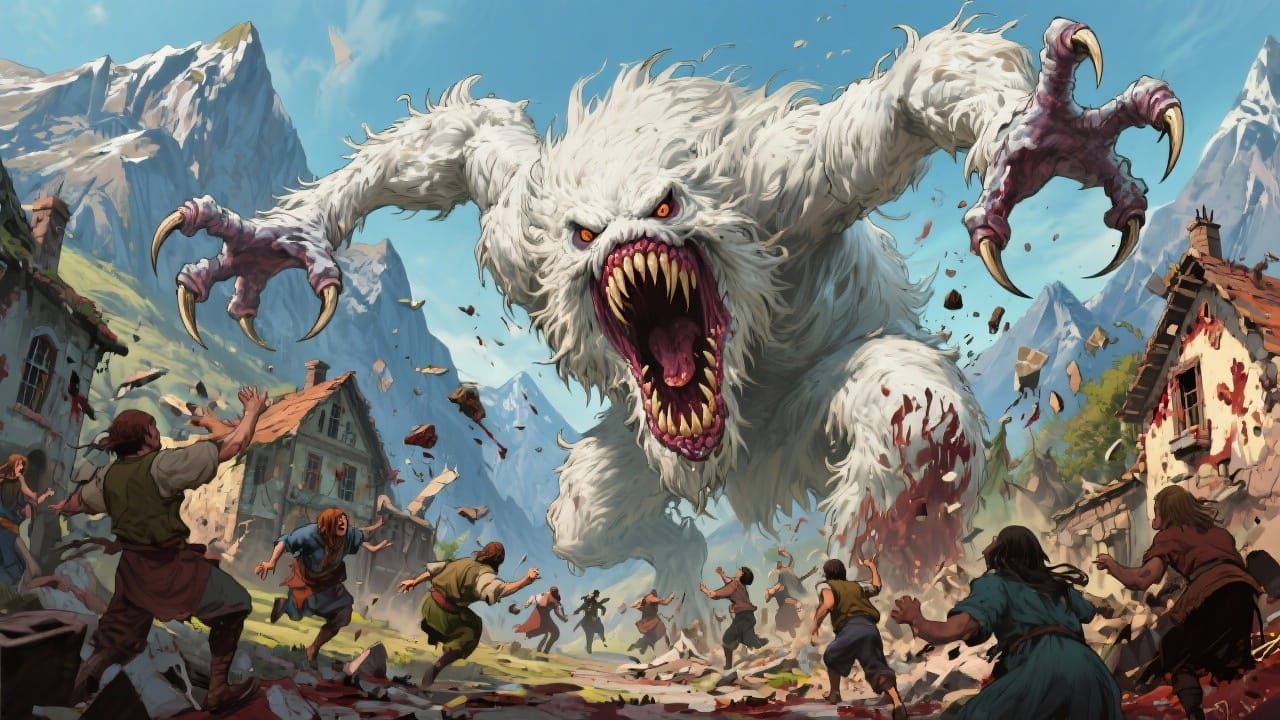 Colossal Hairy Monster Attacks Mountain Village in Fantasy A...
